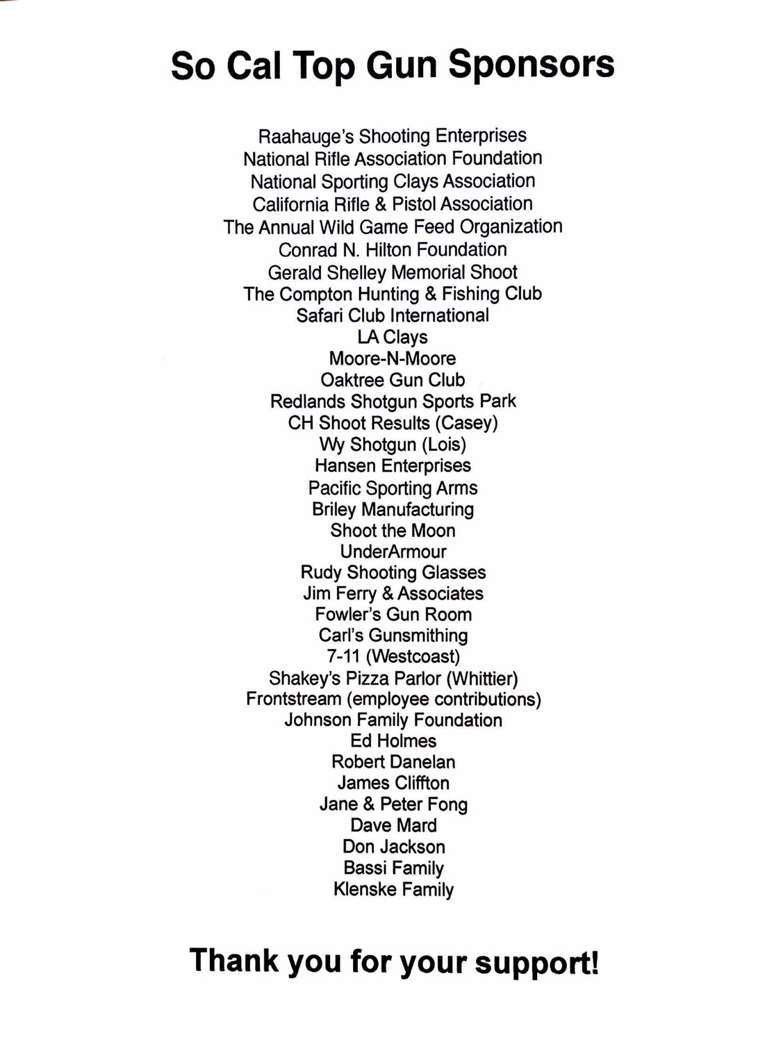 So Cal Top Guns Sponsors